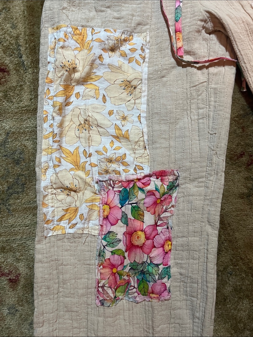 POL - size M Light Cream Patchwork Lounge Pants with Floral Accents - Picture 2 of 7